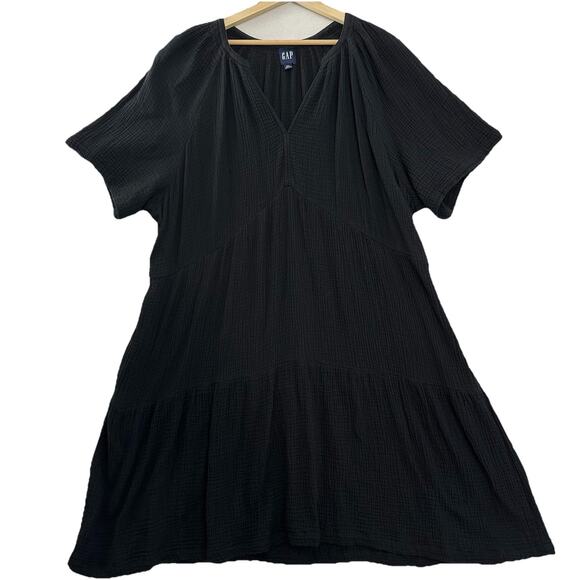 Gap Gauze Tiered Dress Womens XXL Black Pockets Crinkled Neutral * Slight Fade - Picture 1 of 12